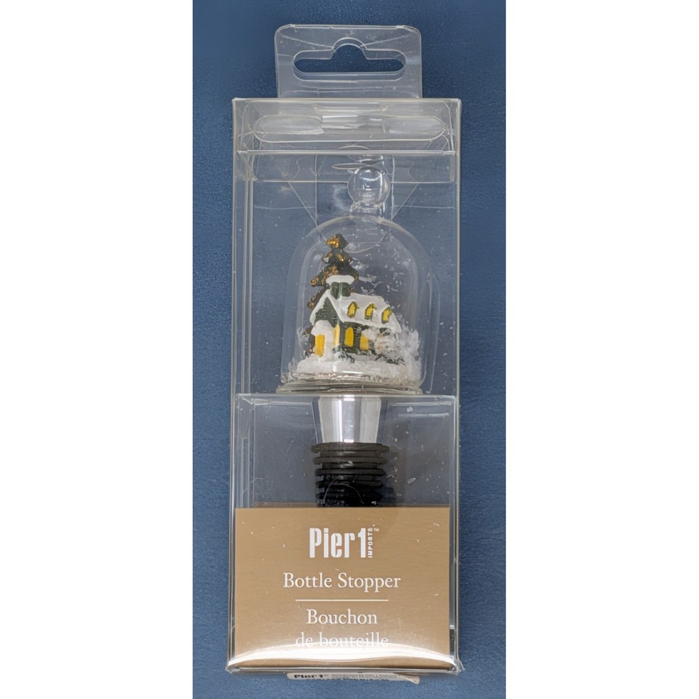 Pier 1 Snowy Scene Christmas Tree & House Snow Globe Bottle Stopper - New